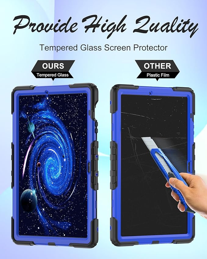Case for Samsung Galaxy Tab S10 FE Plus 5G Tablet 13.1'', Shockproof Protective Cover with Tempered Glass Screen Protector, Rotatable Kickstand, S Pen Holder, Hand/Shoulder Strap, Blue