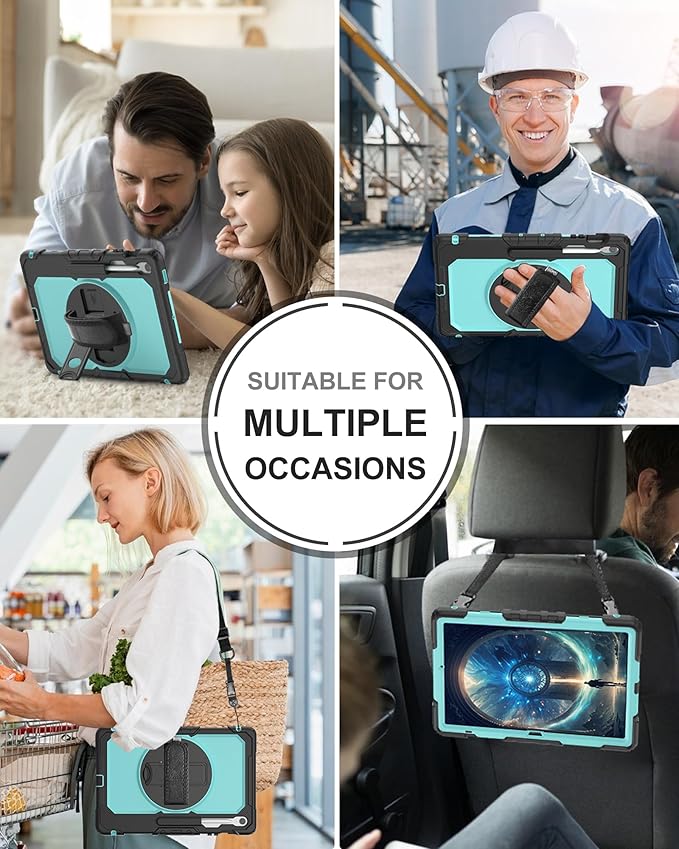 Case for Samsung Galaxy Tab S10 FE Plus 5G Tablet 13.1'', Shockproof Protective Cover with Tempered Glass Screen Protector, Rotatable Kickstand, S Pen Holder, Hand/Shoulder Strap, SkyBlue