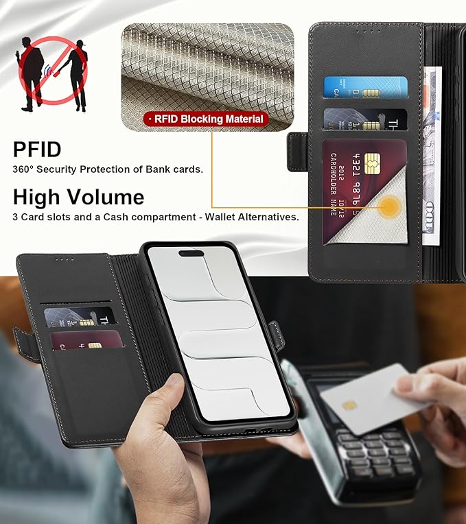Wallet Flip Case for iPhone 17 Air 5G - [RFID Blocking] Luxury PU Leather Card Holder Magnetic Phone Cover with Kickstand,Shockproof Protective Case,Black