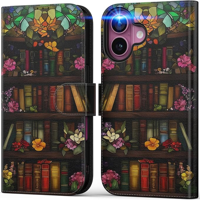 DEENAKIN for iPhone 16 Plus Wallet Case with Card Holder + Cash Clip, RFID-Blocking, Military-Grade Drop Protection, Magnetic Closure with Leather Kickstand - Bookshelf Flowers