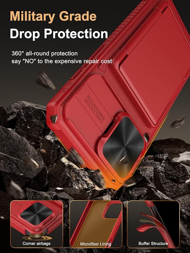 Vihibii for iPhone 16 Pro Max Wallet Case with Card Holder (4 Cards) [RFID Blocking] & Slide Lens Cover & Raised Edges Protect Screen, Shockproof Rugged Phone Cover for iPhone 16 Pro Max, Red