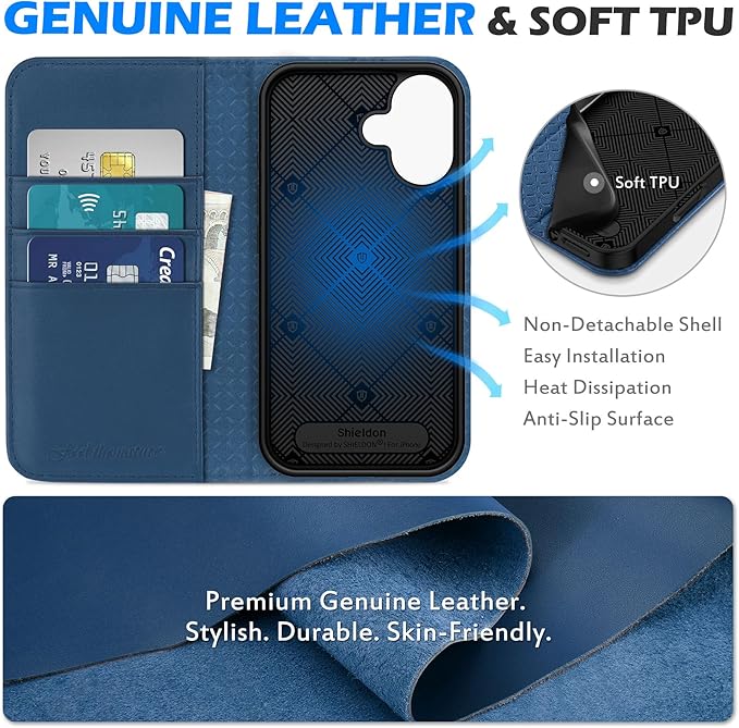 SHIELDON Case for iPhone 16 5G, Genuine Leather Wallet Case Magnetic RFID Blocking Card Holder Kickstand Shockproof Protection Cover Compatible with iPhone 16 6.1" 2024 - Nappa Royal Blue
