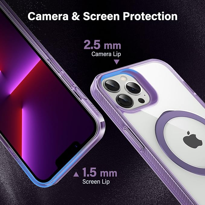 Magnetic Case for iPhone 13 Pro Max - [Built-in Invisible Stand] [Compatible with MagSafe] [Military Grade Drop Protection] Anti-Yellowing Hard Back Silicone Edge Cover, 6.7", Clear Purple