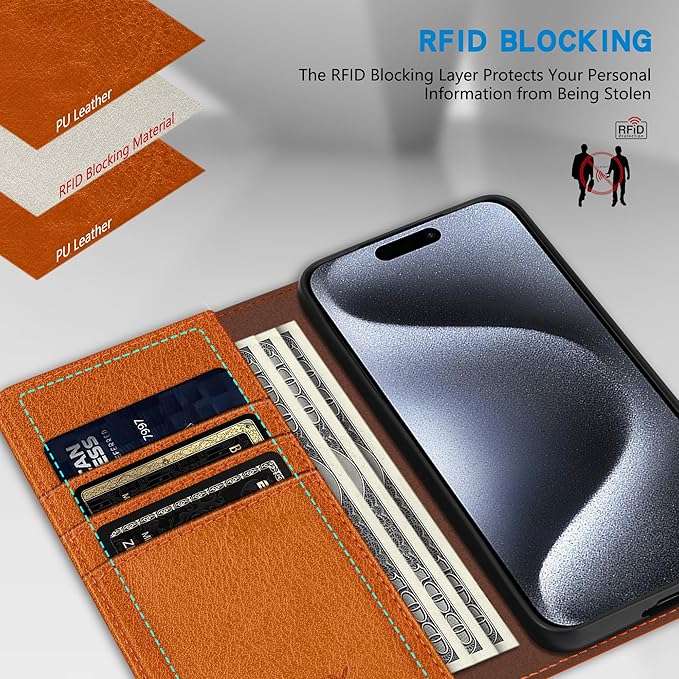 ZZXX for iPhone 15 Pro Wallet Case with [RFID Blocking] Card Slot Stand Strong Magnetic Leather Flip Fold Protective Phone Case for iPhone 15 Pro Case Wallet(Brown-6.1 inch)