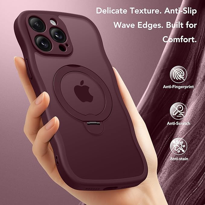 GolbinBox for iPhone 14 Pro Case for Women,[Compatible with Magsafe][360° Spin Magnetic Stand][Cute Wave Edge][Military-Grade Protection] Translucent Matte Phone Case for iPhone 14 Pro, Wine Red