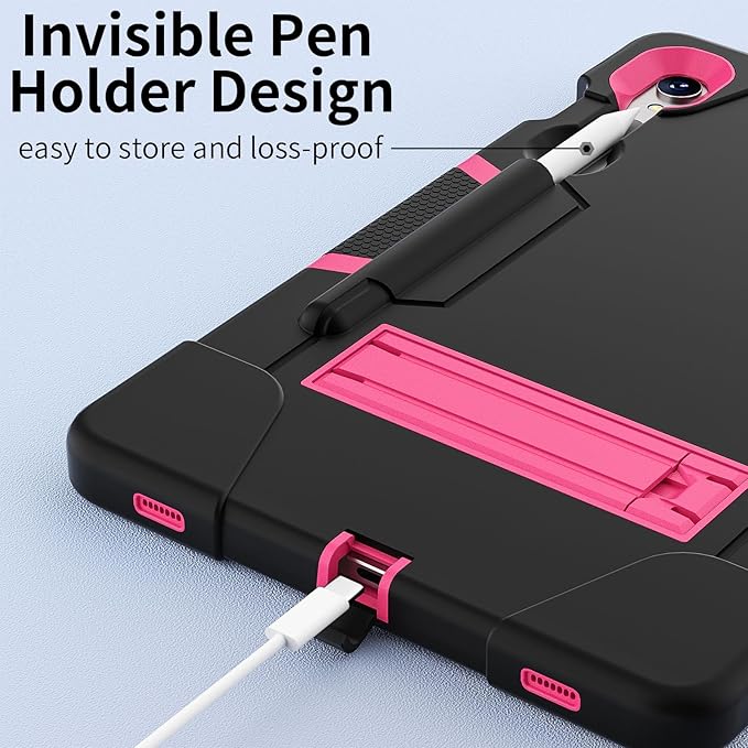 Case for Galaxy Tablet S9 FE & S9 2023 (SM-X710/X718U/X716B/X510/X516B), Soft Silicone & Hard Pc 3-Layer Military Protector Cover for Tab S9 11" with S-Pen Holder Stand case Black+Rose Red
