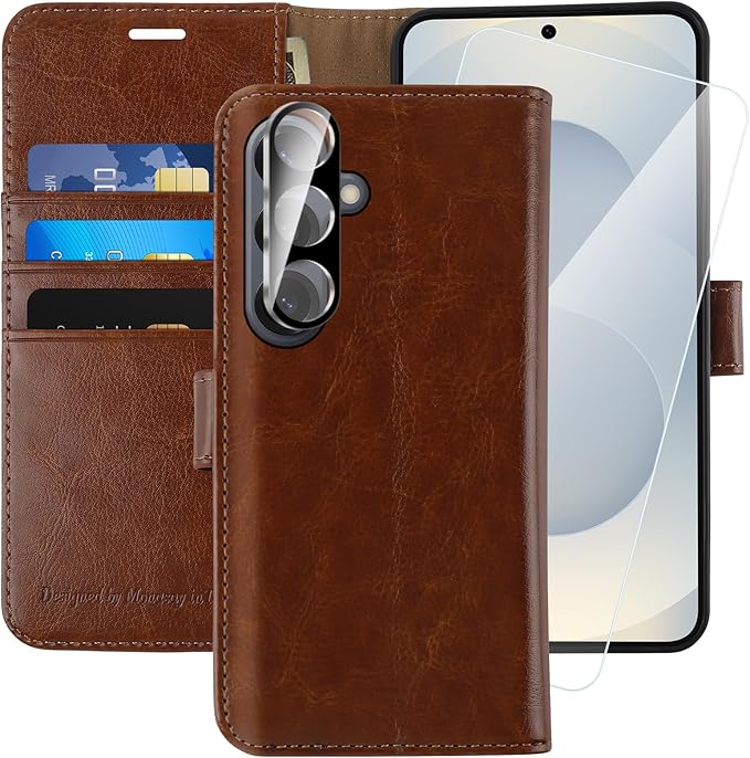 MONASAY Wallet Case Fit for Samsung Galaxy S25+ Plus 5G, [Lens & Glass Screen Protector Included] [RFID Blocking] Flip Folio Leather Cell Phone Cover with Credit Card Holder, 6.7 inch, Brown