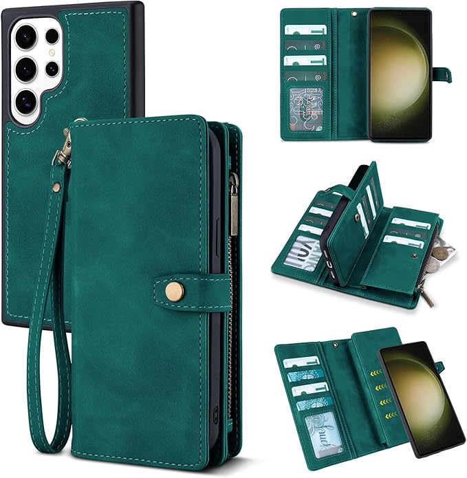 TwoHead for Samsung Galaxy S23 Ultra Wallet Case with Card Holder & Detachable Magnetic Phone Case for Galaxy S23 Ultra,PU Leather Shockproof Protective Phone Cover Wallet(6.8 in,Green)