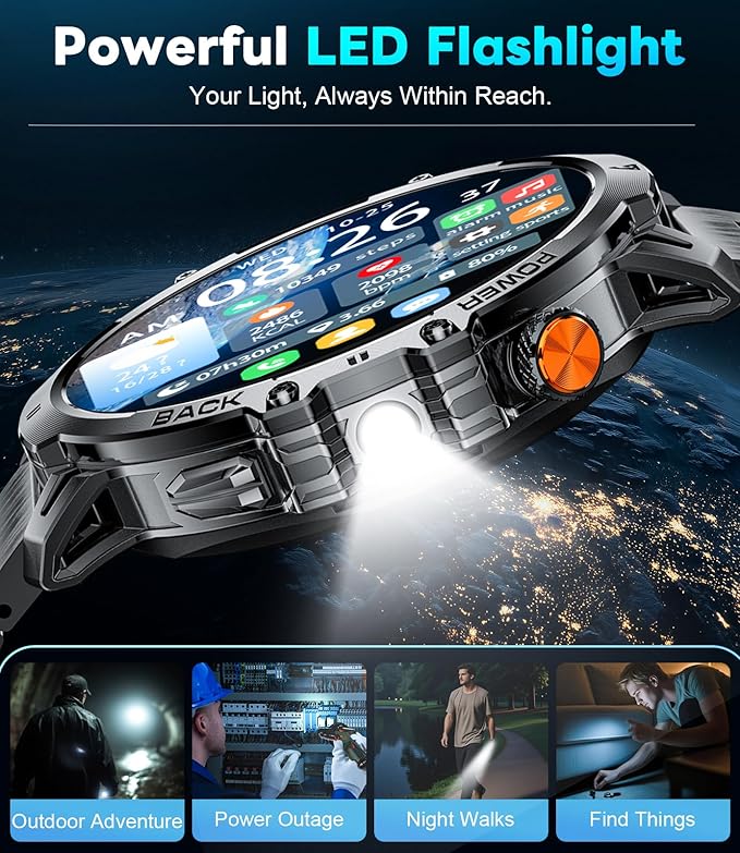 LIGE Military Smart Watches for Men with 1000 mAh Battery, 1.85" HD Touch Screen Smart Watch with Flashlight/50M Waterproof/,110+ Sports Fitness Tracker Watch,Pedometer Mens for Android iPhone