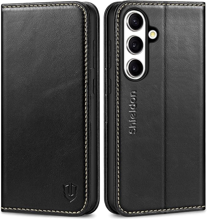 SHIELDON Case for Galaxy S25 FE 6.7" 2025, Genuine Leather Flip Wallet Case RFID Blocking Card Holder Magnetic Stand Shockproof Protective Cover Compatible with Galaxy S25 FE 5G - Retro Black