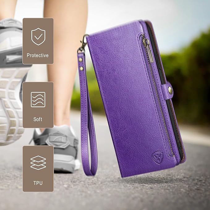 XcaseBar Compatible with iPhone 17 6.3" Wallet case with Zipper Credit Card Holder【RFID Blocking】,Flip Folio Book PU Leather Phone case Shockproof Cover Women Men for Apple 17 case Purple