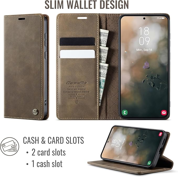 Wallet Case for Samsung Galaxy S23 FE Leather Wallet Flip Cover with Card Holder, Kickstand, Magnetic Closure, RFID Blocking TPU Shockproof Phone Case Compatible with Galaxy S23FE, Coffee