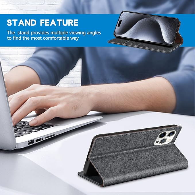 ZZXX for iPhone 15 Pro Wallet Case with [RFID Blocking] Card Slot Stand Strong Magnetic Leather Flip Fold Protective Phone Case for iPhone 15 Pro Case Wallet(Grey-6.1 inch)