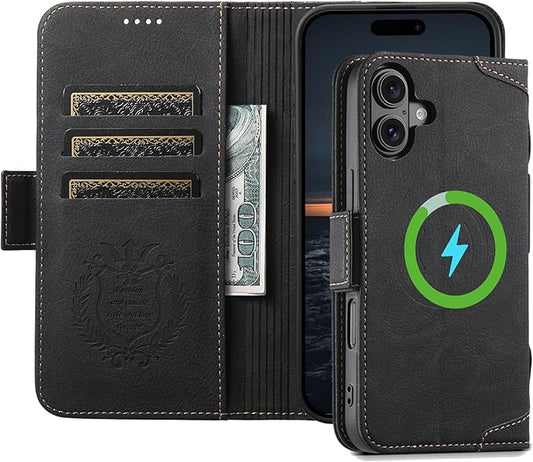Leather Magnetic Wallet Case for iPhone 17 Compatible with MagSafe & Wireless Charging, 3 Card Slots & ID Holder, Kickstand, 360° Military Shockproof Protection Premium Black