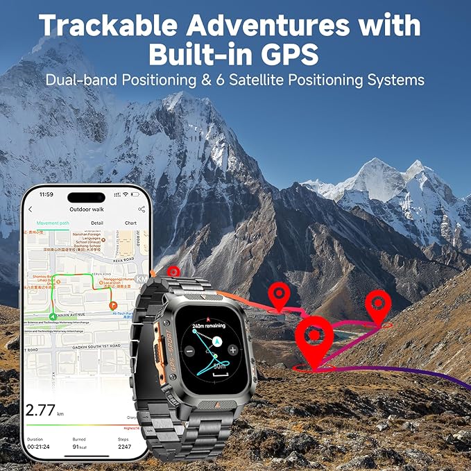 GPS Smart Watch for Men (Answer/Make Calls), 2.01'' Military Rugged Smartwatches for Android iPhone Fitness Tracker with Compass/10 Days Battery/Heart Rate/Sleep/100+ Sport Modes(2 Straps)