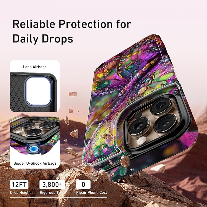 FUNMIKO for iPhone 16 Pro Wallet Case with Card Holder, RFID-Blocking, Military-Grade Protection & UV-Printed Artwork, Magnetic Closure with Leather Kickstand - Vibrant Elegant Butterfly