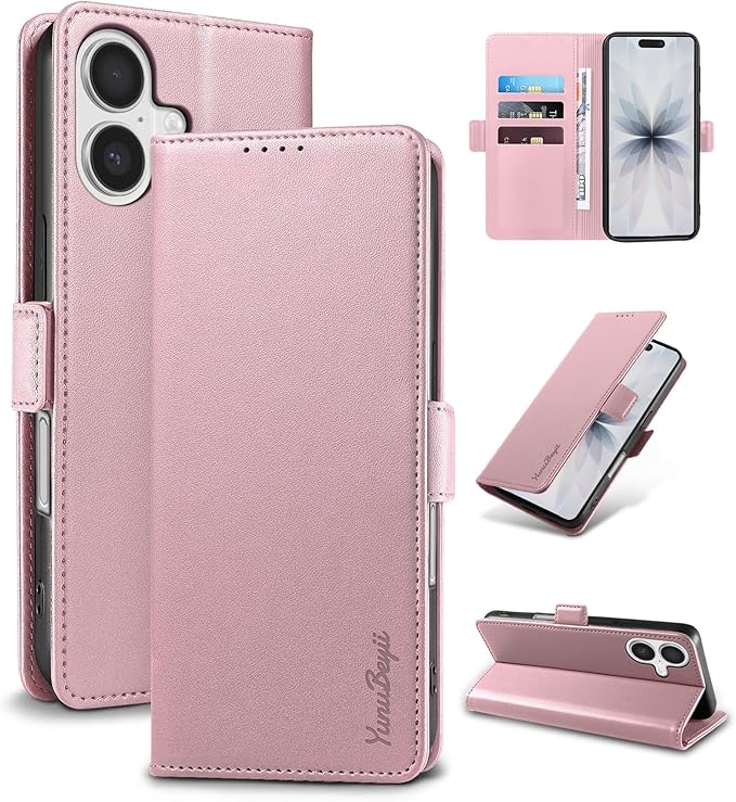 Wallet Flip Case for iPhone 17 5G - [RFID Blocking] Luxury PU Leather Card Holder Magnetic Phone Cover with Kickstand,Shockproof Protective Case,Pink