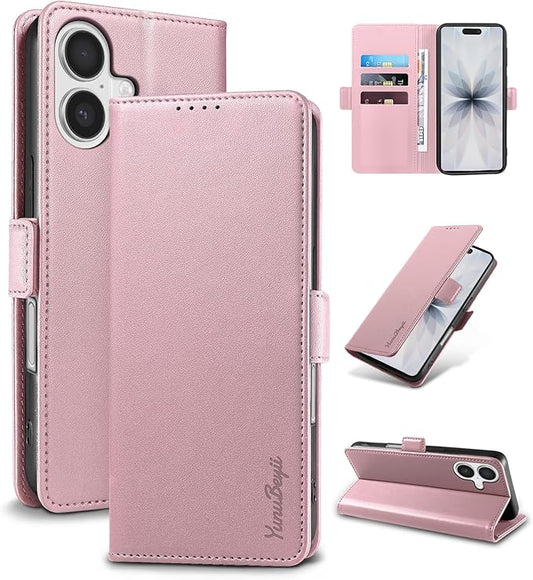 Wallet Flip Case for iPhone 17 5G - [RFID Blocking] Luxury PU Leather Card Holder Magnetic Phone Cover with Kickstand,Shockproof Protective Case,Pink