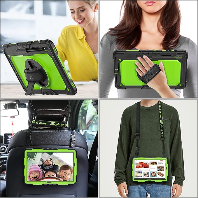SEYMAC stock Case for Samsung Galaxy Tab S7 FE / S8 Plus 5G Case 12.4'' with Screen Protector Pencil Holder [360 Rotating Hand Strap] &Stand, Drop-Proof, Green/Black