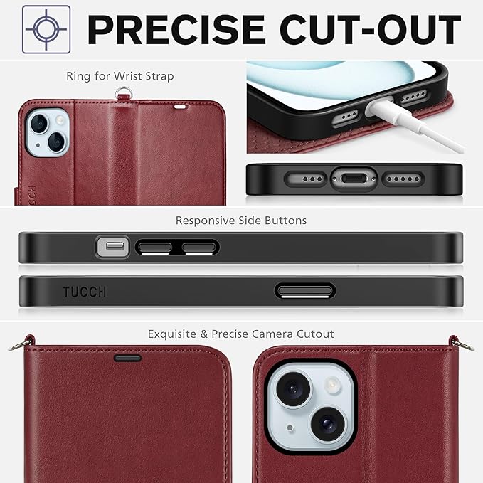 TUCCH Wallet Case for iPhone 15 with [Wrist Strap], Magnetic Closure RFID Blocking 4 Card Slot, Stand Shockproof TPU Shell PU Leather Folio Compatible with iPhone 15 6.1" 2023, Dark Red with Wristlet