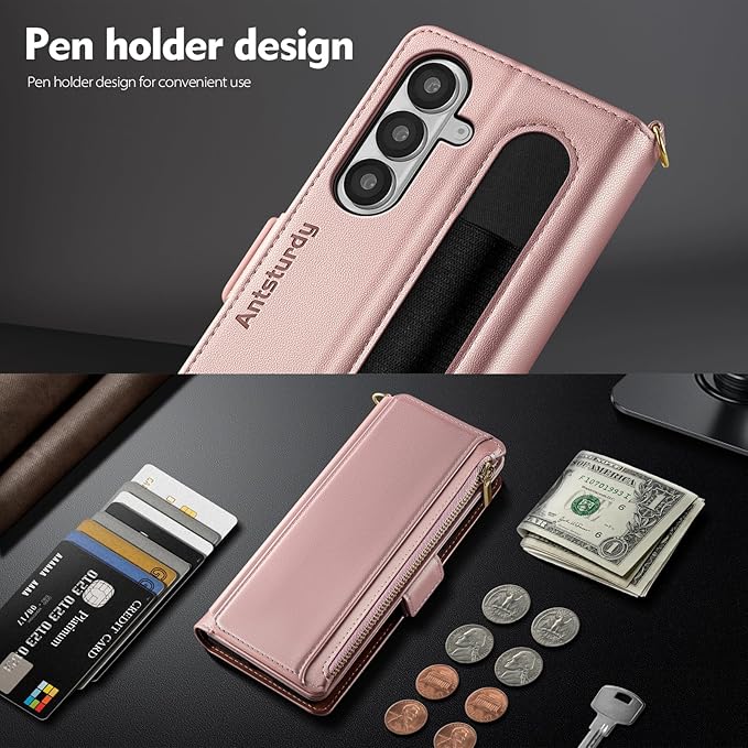 Antsturdy Compatible with Samsung Galaxy Z Fold7 Case Wallet with Card Holder,Z Fold 7 5G Phone Case with Strap Shockproof PU Leather RFID Blocking Flip Cover Credit Card Slots Women Men,Rose Gold