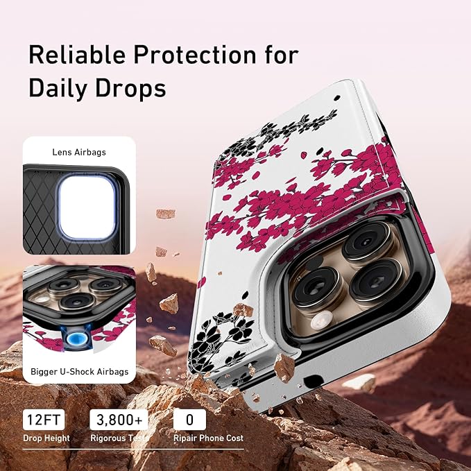 FUNMIKO for iPhone 16 Pro Wallet Case with Card Holder, RFID-Blocking, Military-Grade Protection & UV-Printed Artwork, Magnetic Closure with Leather Kickstand - Dramatic Blossom Drift