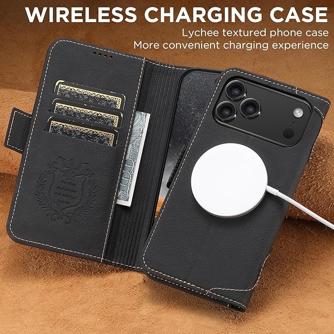 Leather Magnetic Wallet Case for iPhone 17 Pro Compatible with MagSafe & Wireless Charging, 3 Card Slots & ID Holder, Kickstand, 360° Military Shockproof Protection for Phone pro Premium Black
