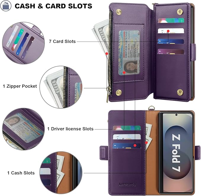 Antsturdy Compatible with Samsung Galaxy Z Fold7 Case Wallet with Card Holder,Z Fold 7 5G Phone Case with Strap Shockproof PU Leather RFID Blocking Flip Cover Credit Card Slots Women Men,Purple