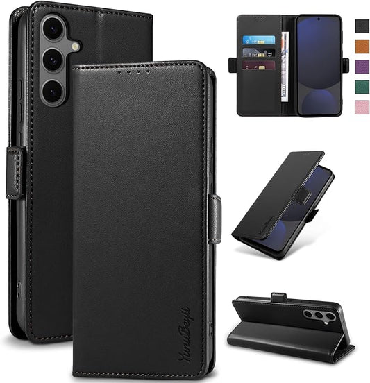 Wallet Flip Case for Samsung Galaxy S24 FE 5G - [RFID Blocking] Luxury PU Leather Card Holder Magnetic Phone Cover with Kickstand,Shockproof Protective Case,Black