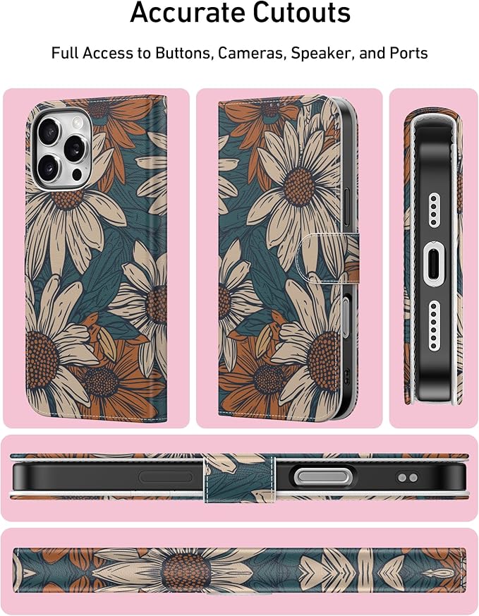 DEENAKIN for iPhone 16 Pro Wallet Case with Card Holder + Cash Clip, RFID-Blocking, Military-Grade Drop Protection, Magnetic Closure with Leather Kickstand - Floral Daisy Pattern