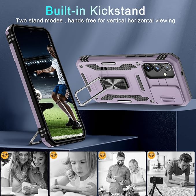 DEERLAMN Case for Samsung Galaxy S24+ Plus with Slide Camera Cover+Screen Protector (1 Pack), Rotated Ring Kickstand Military Grade Shockproof Protective Cover-Deep Purple