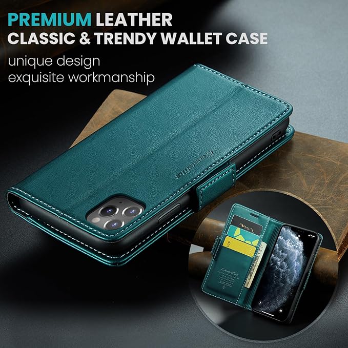 for iPhone 11 Pro Max Case, Premium PU Leather Wallet Case Flip Cover with [RFID Blocking][Card Holder][Stand Function] Shockproof Protective for iPhone 11 Pro Max, Blue-Green