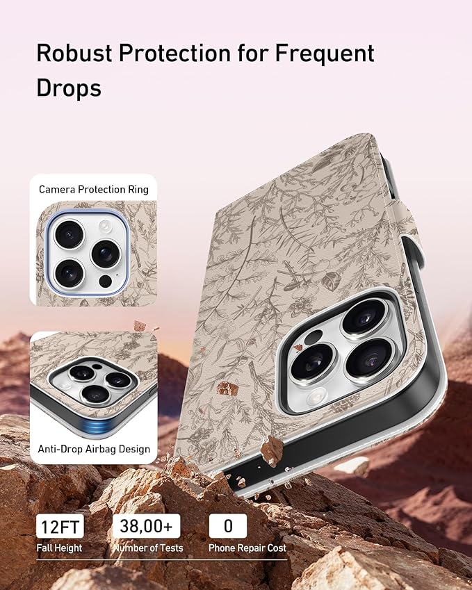 DEENAKIN for iPhone 16 Pro Wallet Case with Card Holder + Cash Clip, RFID-Blocking, Military-Grade Drop Protection, Magnetic Closure with Leather Kickstand - Serene Foliage