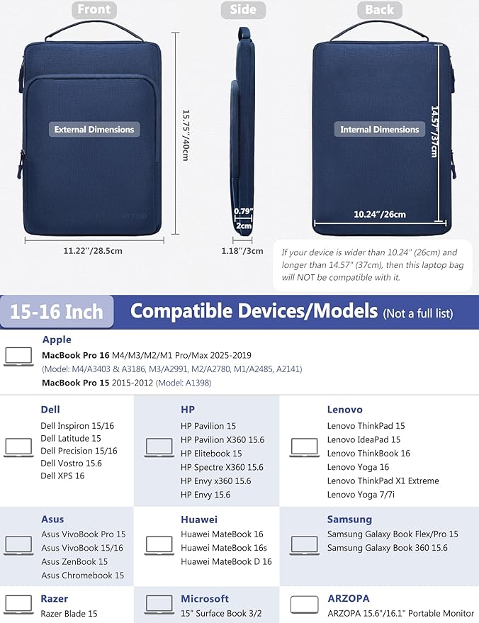 HYZUO 15-16 Inch Laptop Bag Sleeve for MacBook Pro 16 M4 M3 M2 M1 2025-2019, 15" Surface Book, Notebook Case for 15" 15.6" Dell HP Lenovo ThinkBook Asus Acer Samsung Huawei, Navy Blue