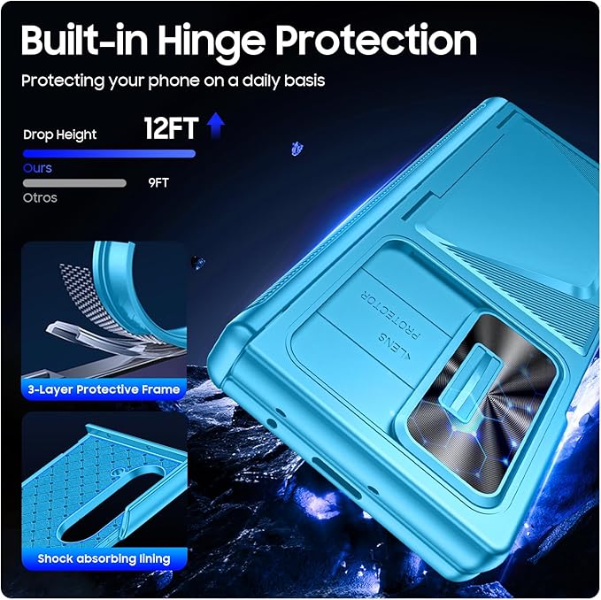 for Samsung Galaxy Z Fold 6 Case with Card Holder, Built in RFID Blocking & Slide Camera Cover & Hinge Protection & Full-Body Rugged Shockproof Wallet Case for Galaxy Z fold 6 (Lake Blue)