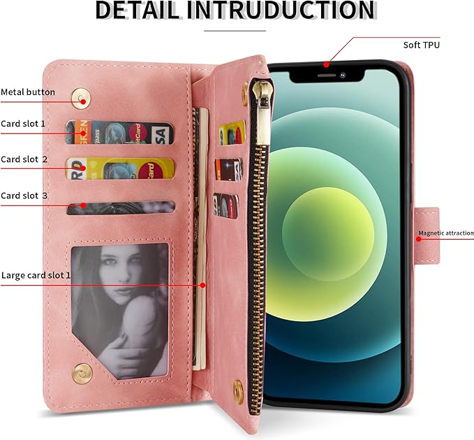 ZZXX for iPhone 12 Mini Wallet Case with Card Slot Premium Soft PU Leather Zipper Flip Folio Wallet with Wrist Strap Kickstand Protective for iPhone 12 Mini Case Wallet(Pink 5.4 inch)
