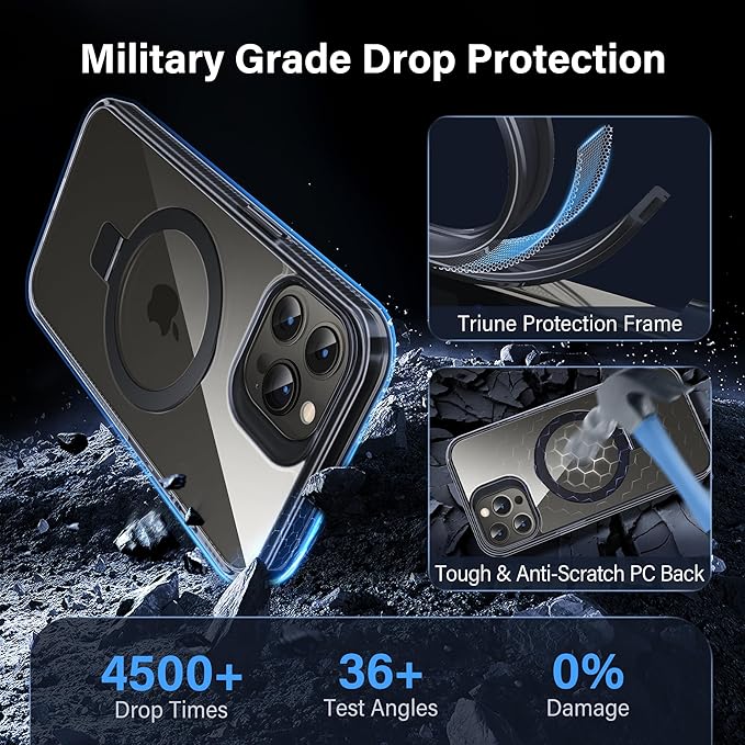 Magnetic Case for iPhone 12 Pro Max - [Built-in Invisible Stand] [Compatible with MagSafe] [Military Grade Drop Protection] Anti-Yellowing Hard Back Silicone Edge Cover, 6.7", Clear Black