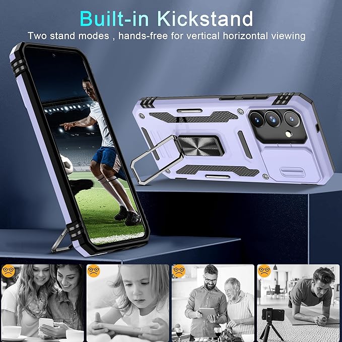 DEERLAMN Case for Samsung Galaxy S25 6.2-Inch with Slide Camera Cover+Screen Protector (1 Pack), Rotated Ring Kickstand Military Grade Shockproof Protective Cover-Light Purple