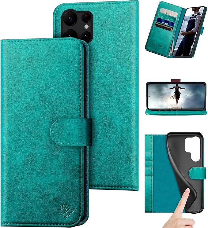 compatible with Samsung Galaxy S25 Ultra Genuine Leather Wallet case【RFID Blocking】【4 Credit Card Holder】【Real Leather】Flip Folio Book Phone case Cover Women Men for S25 Ultra case Blue Green