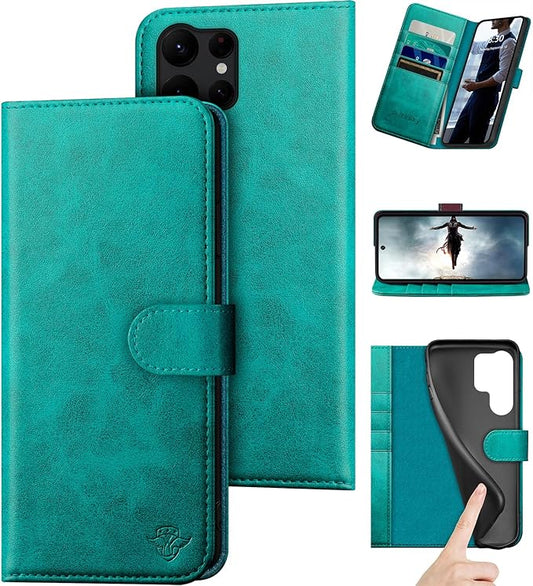 compatible with Samsung Galaxy S25 Ultra Genuine Leather Wallet case【RFID Blocking】【4 Credit Card Holder】【Real Leather】Flip Folio Book Phone case Cover Women Men for S25 Ultra case Blue Green