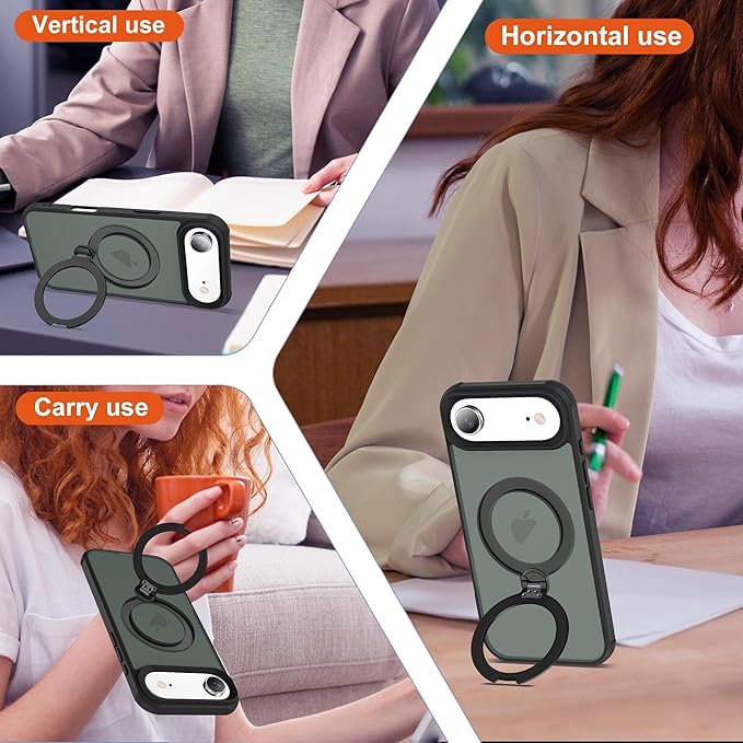 Compatible with iPhone 17 Air Case with Invisible Magnetic 360°Spin Stand,Military-Grade Shockproof Protection [Compatible with Mag-Safe] Non-Slip Edge Translucent Case (6.5",Black)