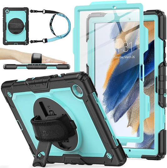 SEYMAC stock Case for Samsung Galaxy Tab A8 10.5'', Full-Body Drop Protection Case with Screen Protector Pencil Holder [360° Rotating Hand Strap] &Stand, SkyBlue+Black
