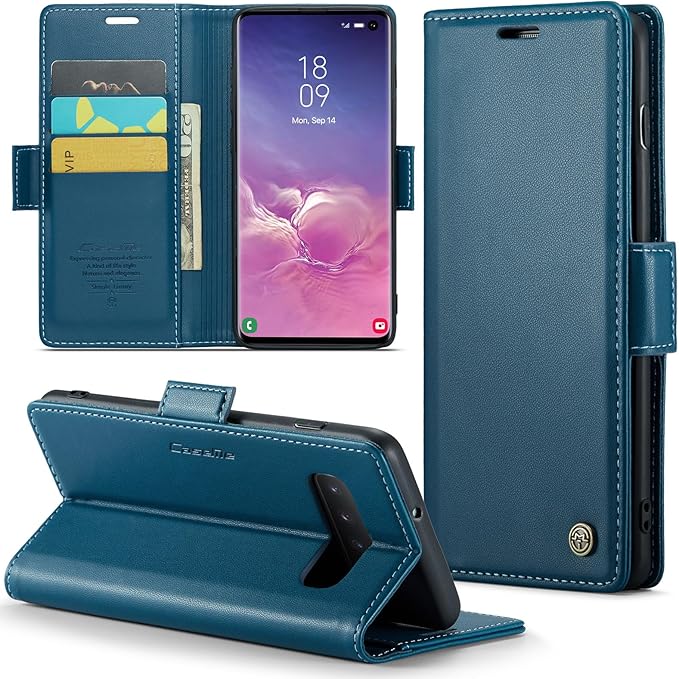 Case for Samsung Galaxy S10 Wallet Case, RFID Blocking PU Leather Flip Folio Cover Card Holder Kickstand Shockproof Phone Case Compatible with Samsung Galaxy S10, Blue