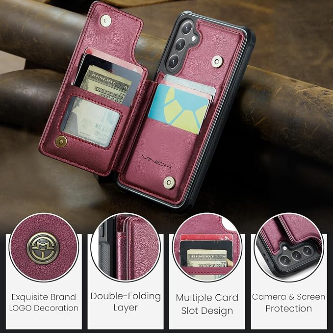 Vinich for Samsung Galaxy S24 FE Wallet Case with Card Holder, RFID Blocking Credit Slots Kickstand Shockproof Phone Cover for Women Men, Wine Red