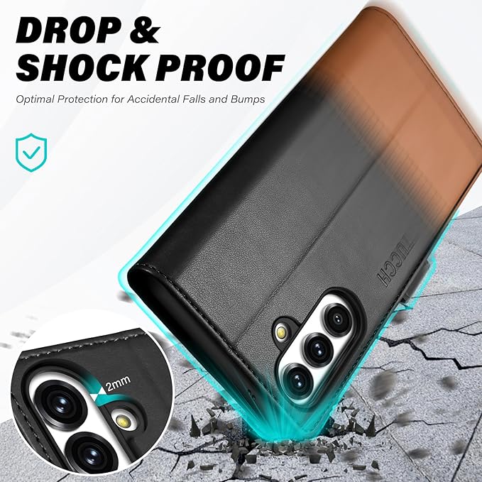 TUCCH Wallet Case for Galaxy S25 FE 5G, Magnetic PU Leather Stand [RFID Blocking] 4 Card Slots Folio Protective Cover with TPU Shockproof Inner Shell (6.7") 2025, Black & Brown