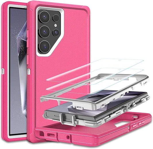 for Samsung Galaxy S24 Ultra Case with [2 Pack] HD Screen Protector, [Military-Grade] Shockproof Dust/Drop Proof 3-Layer Full Body Protection Heavy Duty Case for S24 Ultra, Pink