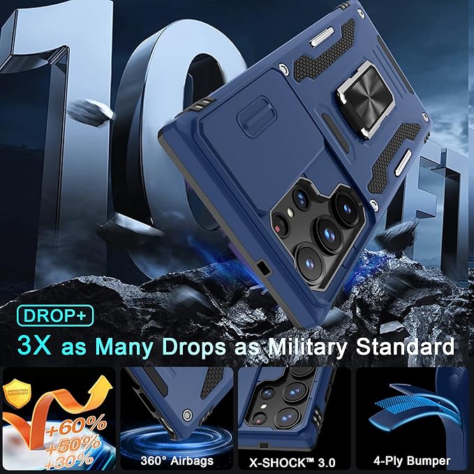 DEERLAMN Case for Samsung Galaxy S25 Ultra with Slide Camera Cover+Screen Protector (1 Pack), Rotated Ring Kickstand Military Grade Shockproof Protective Cover-Navy Blue