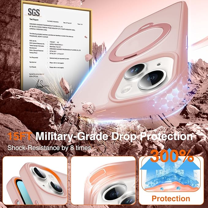 360° O-Ring MagStander for iPhone 15 Case with Magnetic Kickstand Ring Holder [Compatible with MagSafe][360°Rotate Stand Ring][Military Shockproof] Magnet iPhone 15 Phone Cover Matte Pink