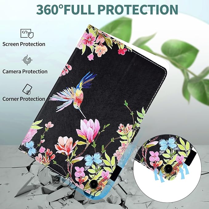 KEROM Case for Galaxy Tab A9+ Plus 11 Inch 2024 2023 (SM-X210/X216/X218), Samsung Tablet A9 Plus Case, PU Leather Stand Cover Case for Samsung Galaxy Tab A9+ Plus, Auto Wake/Sleep - Bird Flower