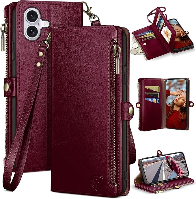 XcaseBar Compatible with iPhone 17 6.3" Wallet case with Zipper Credit Card Holder【RFID Blocking】,Flip Folio Book PU Leather Phone case Shockproof Cover Women Men for Apple 17 case Wine Red